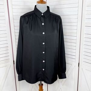 Express Satin Rhinestone Button Up Blouse Shirt Black Large‎